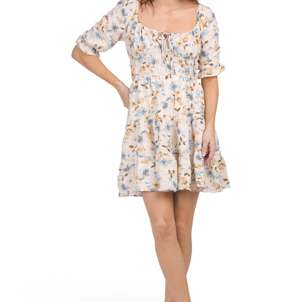 Square Neck Ruched Floral Mini Dress - Picture 3 of 4